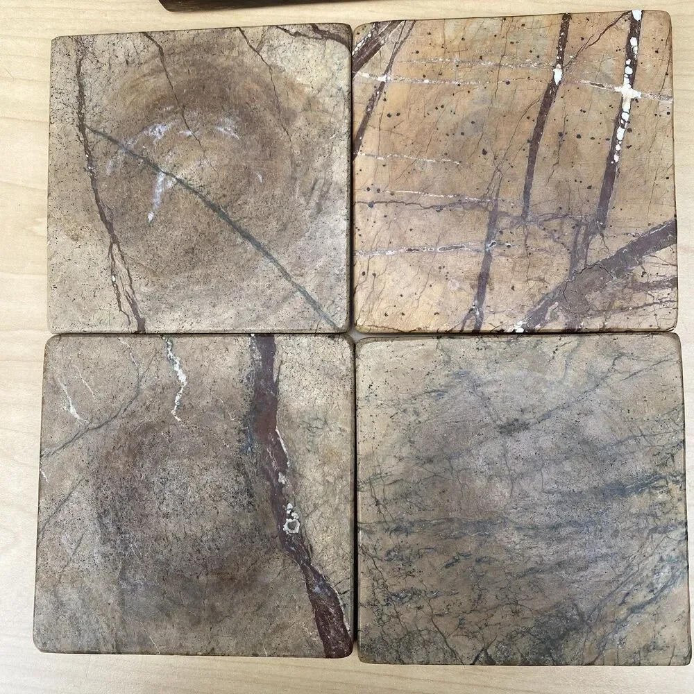 Marble Stone Coaster Set of 4 w Wood Holder Natural Veining Square Heavy
